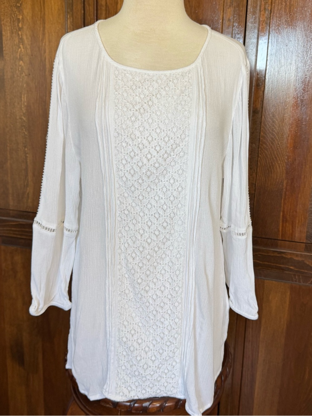 Chico's White Lace Peasant Blouse Size 2 Large Pintuck Mesh Crochet Front Top